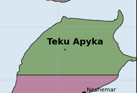 Mapa regional de Teku Apyka — recorte do mapa político canônico de Calimera.